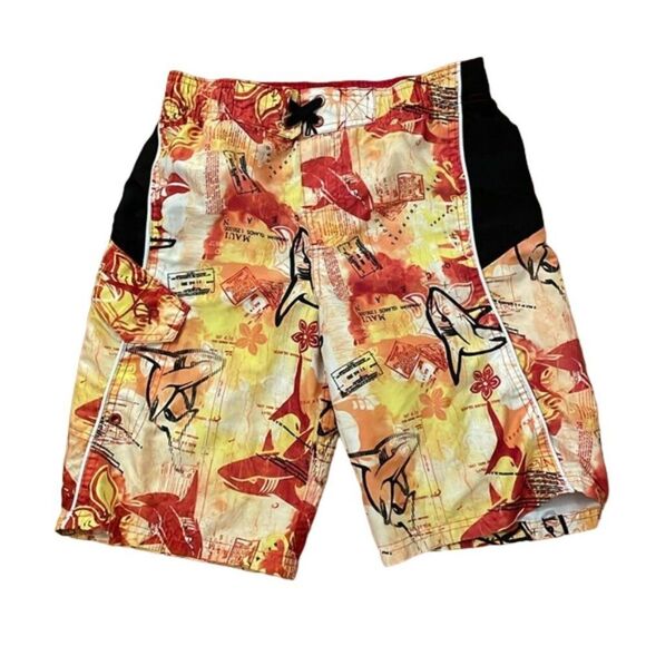 OP Ocean Pacific Hawaiian Board Shorts Swim Trunks Boys Size Large 10-11 Sharks - Picture 1 of 11